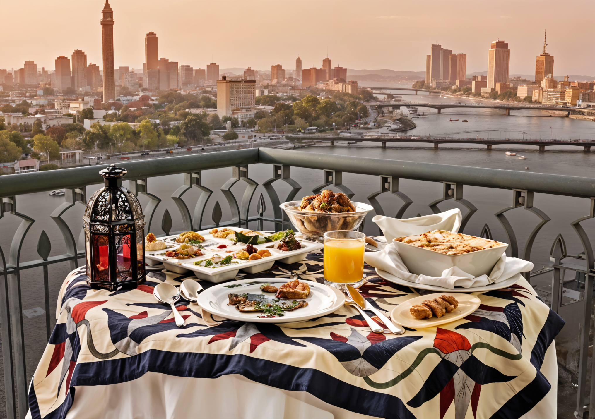 Traditional Egyptian breakfast on a balcony overlooking the Nile River and Cairo skyline at sunrise.